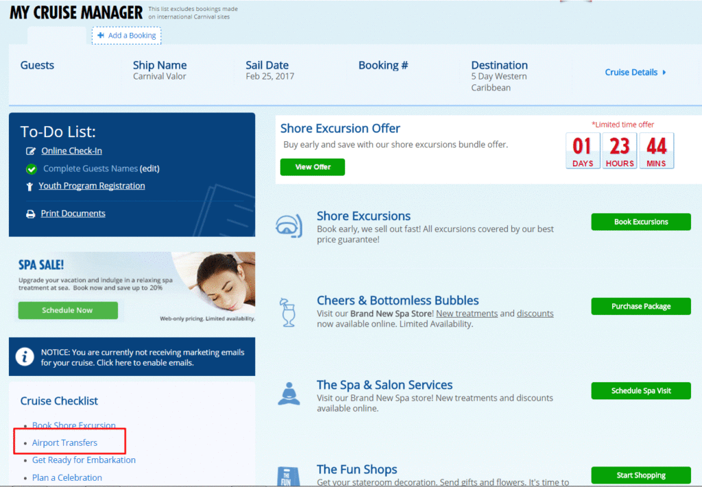 Carnival airport transfer screen