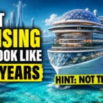 Revealed: What Cruising Will Look Like in 10 Years A massive, futuristic cruise ship with a headline on the left side