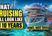Revealed: What Cruising Will Look Like in 10 Years A massive, futuristic cruise ship with a headline on the left side