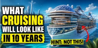 Revealed: What Cruising Will Look Like in 10 Years A massive, futuristic cruise ship with a headline on the left side