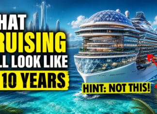 Revealed: What Cruising Will Look Like in 10 Years A massive, futuristic cruise ship with a headline on the left side
