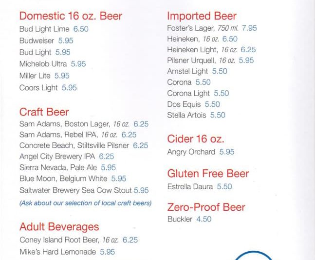 Carnival Cruise beer menu with prices