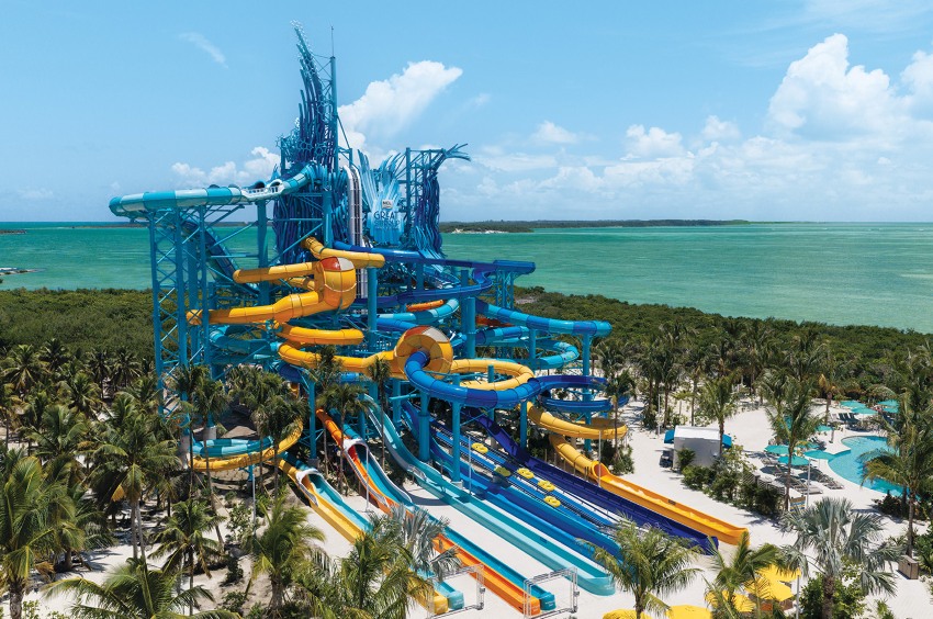 Great Tides Waterpark tower with multiple slides coming off of it.