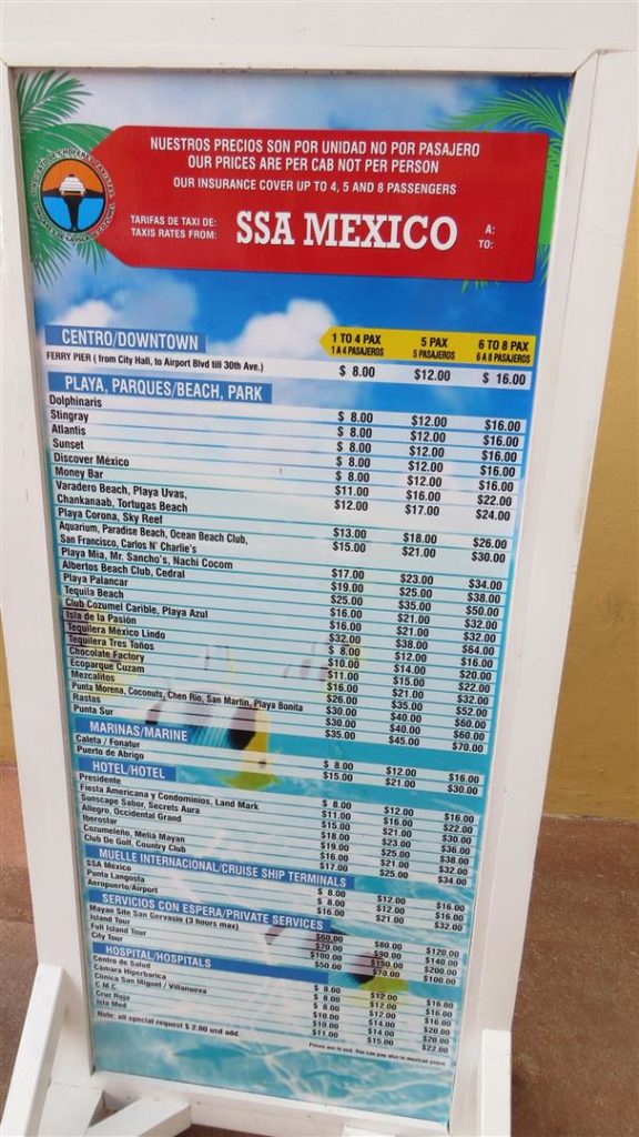 Complete List of Cozumel Taxi Rates