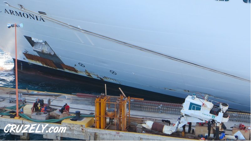 Zoomed in photo of hull damage to MSC Armonia
