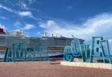 Amber Cove on a Cruise: Things to Do, Prices, Map, and More Amber Cove sign with a ship behind it.