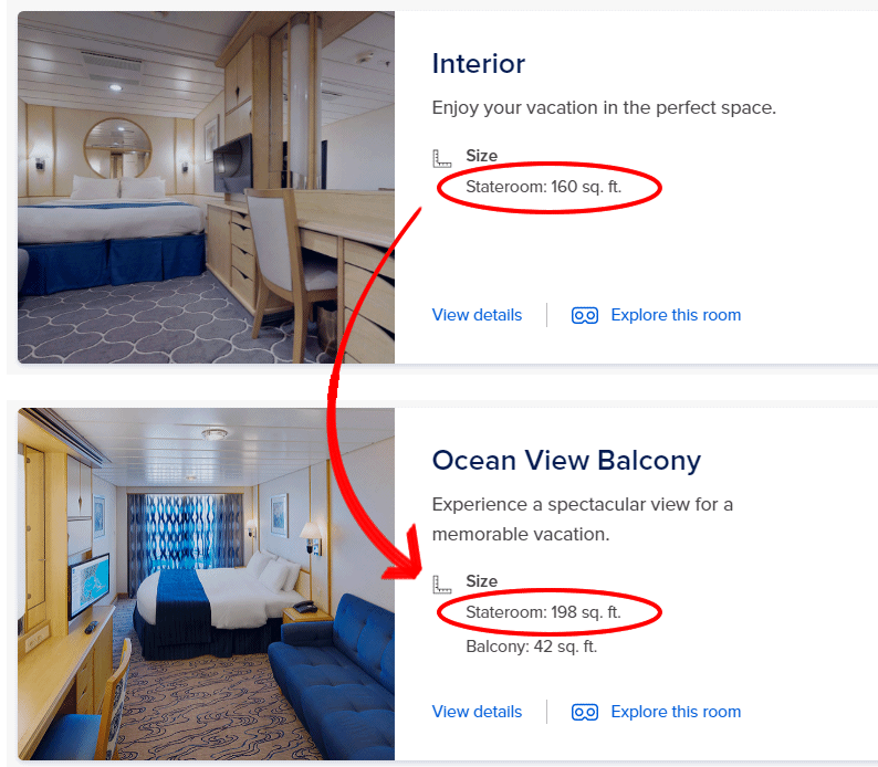 Size comparison on balcony versus interior room on a cruise.