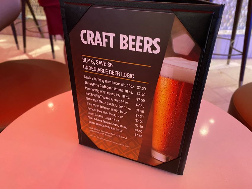 carnival cruise line bar menu