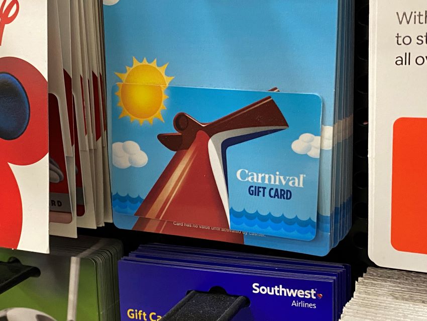 Carnival gift card on a rack