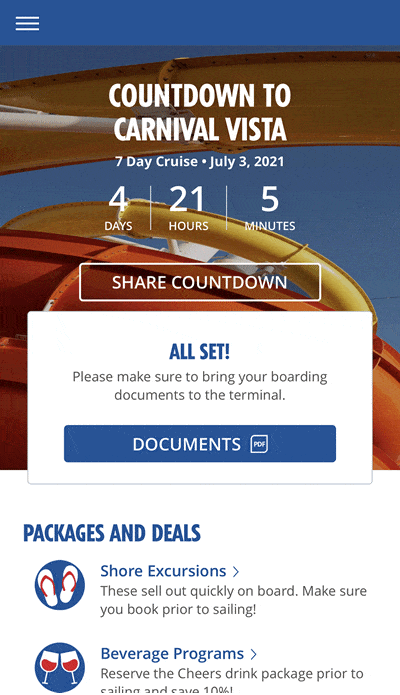 Image of countdown on Carnival HUB app