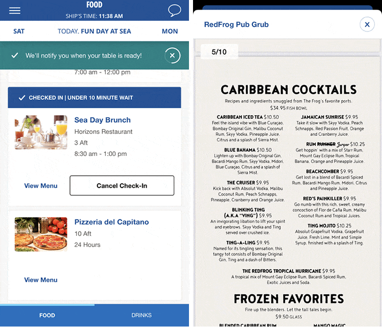 Restaurants and menus on the app