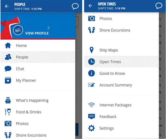 Carnival HUB app menu