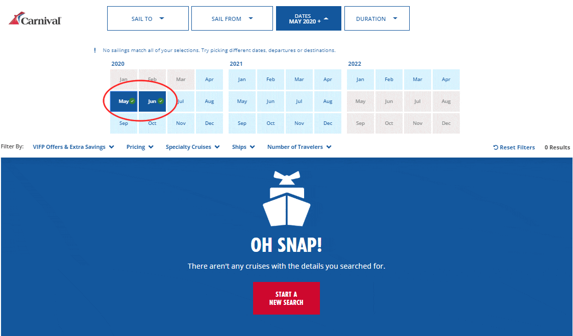 Search for cruises on Carnival.com showing no trips in May or June