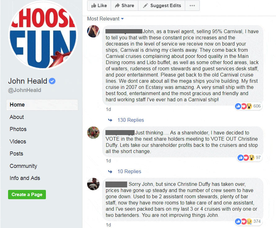 Facebook comments about room service charges