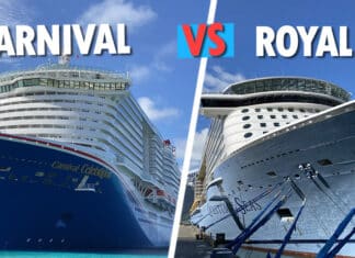Carnival vs. Royal Caribbean: 11 Major Differences Between the Cruise Lines Carnival and Royal Caribbean ship next to each other.