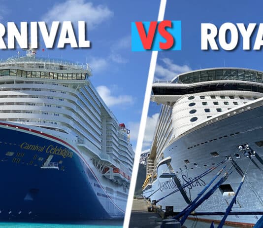 Carnival vs. Royal Caribbean: 11 Major Differences Between the Cruise Lines Carnival and Royal Caribbean ship next to each other.