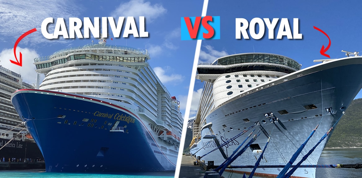 Carnival and Royal Caribbean ship next to each other.