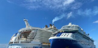 12 Big Differences Between Celebrity Cruises and Royal Caribbean Royal Caribbean and Celebrity cruise ships docked next to each other.