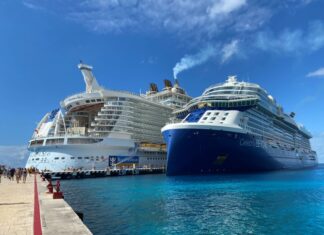 12 Big Differences Between Celebrity Cruises and Royal Caribbean Royal Caribbean and Celebrity cruise ships docked next to each other.