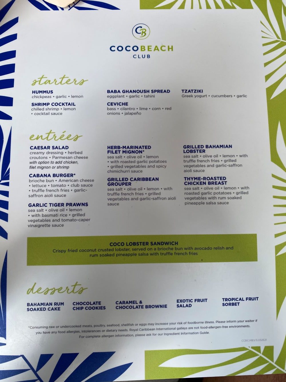 Menu for Coco Beach Club on CocoCay