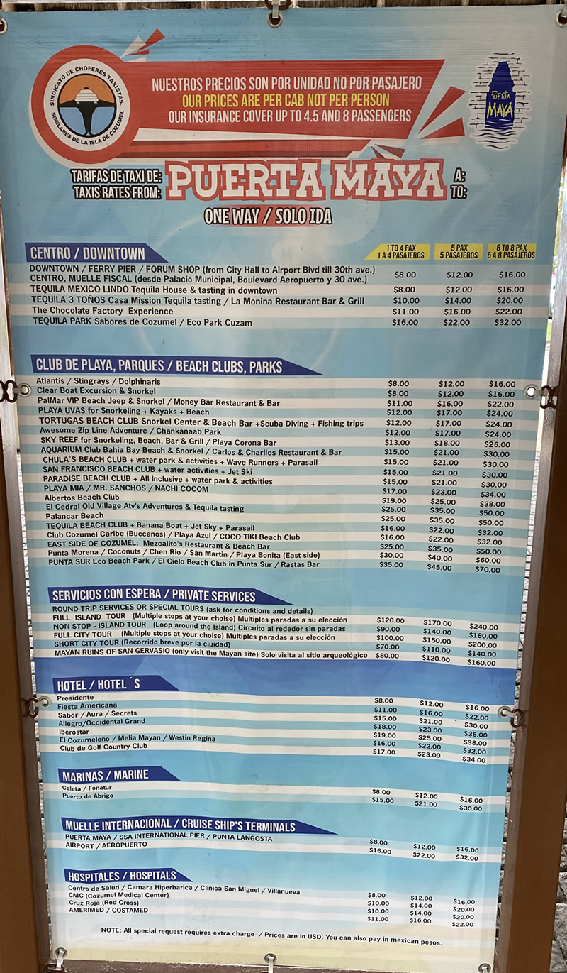 Sign with taxi fares in Cozumel