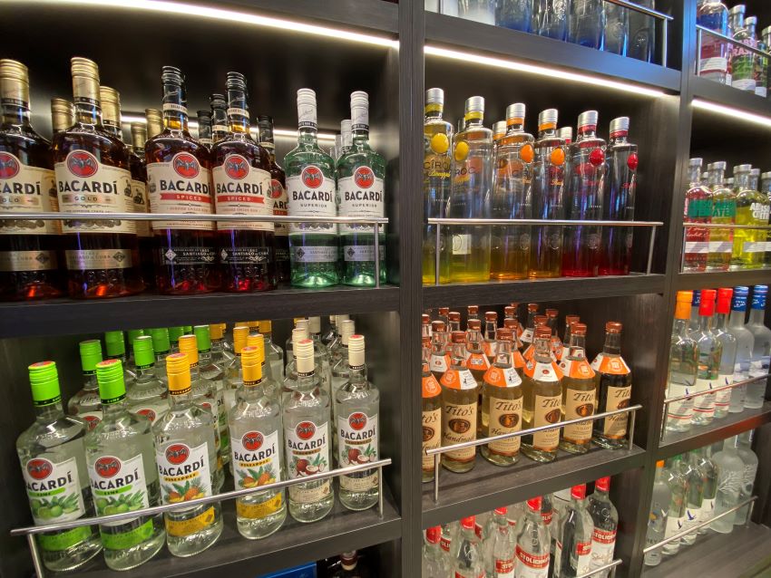 Bottles of alcohol in a duty-free store