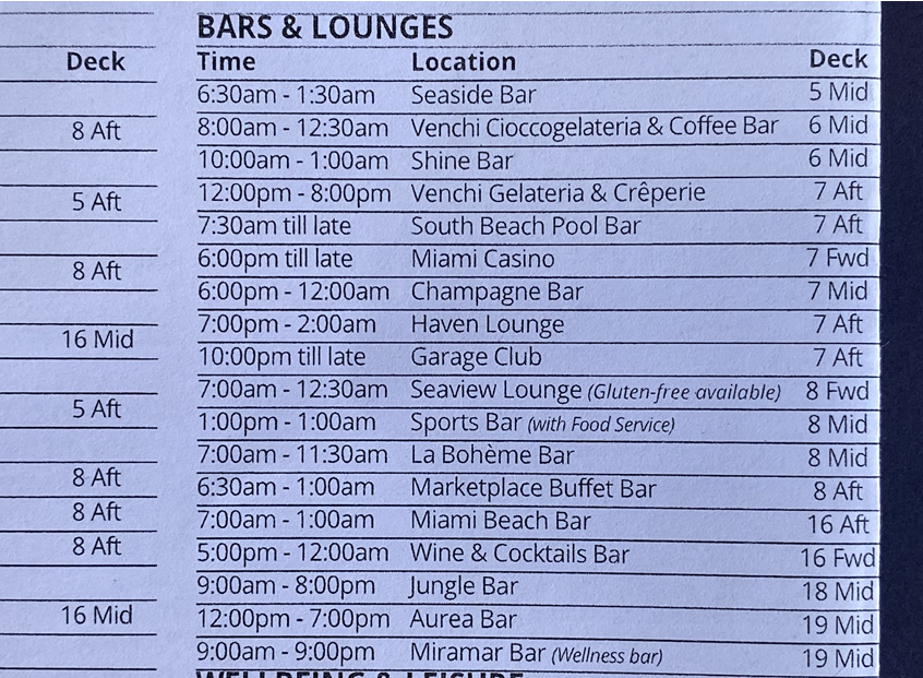 cruise ship bar hours