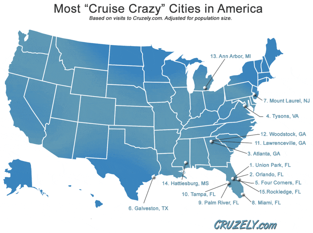 Map of most popular cities for cruising