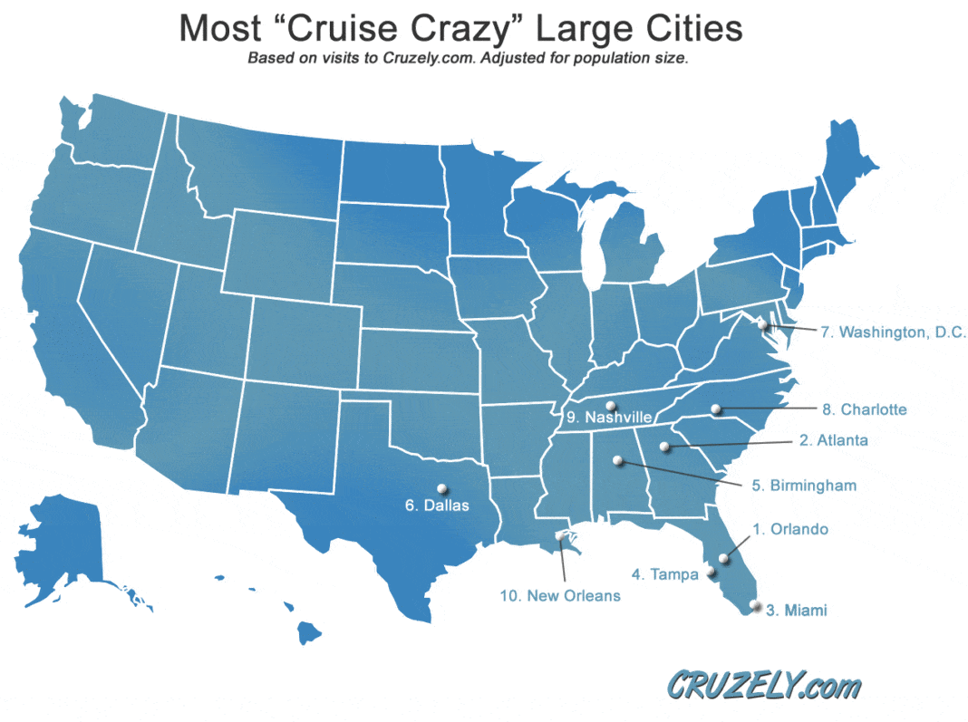 Map of most popular large cities for cruising