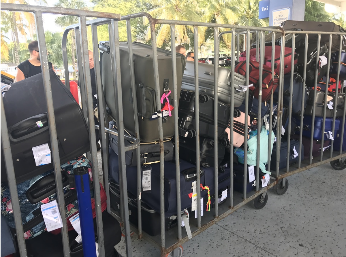 Luggage waiting to be loaded on a cruise ship