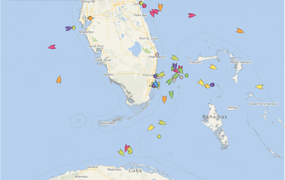 Map of cruise ships at sea