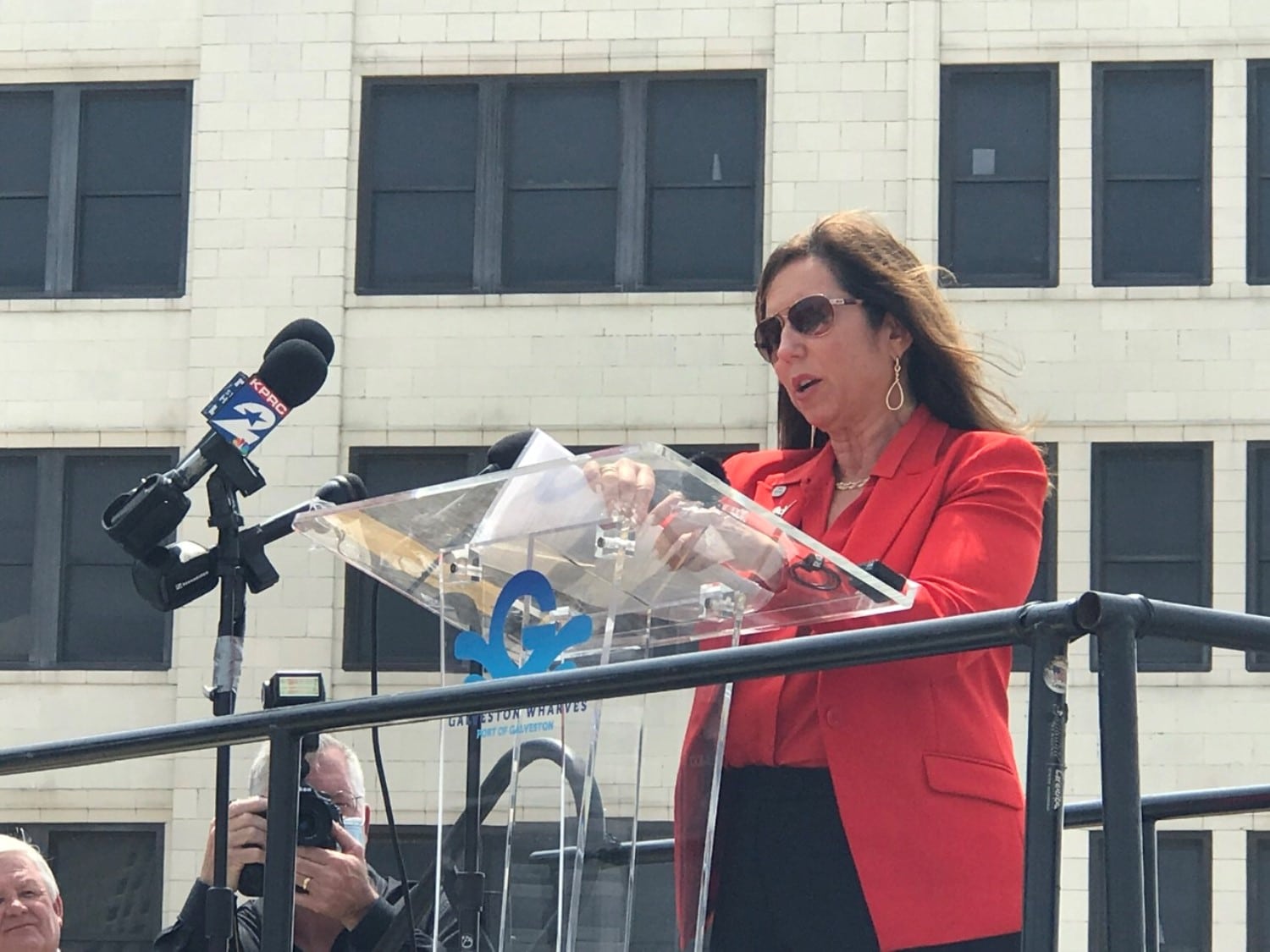 Christine Duffy, Carnival Cruise Line President, speaking in Galveston.