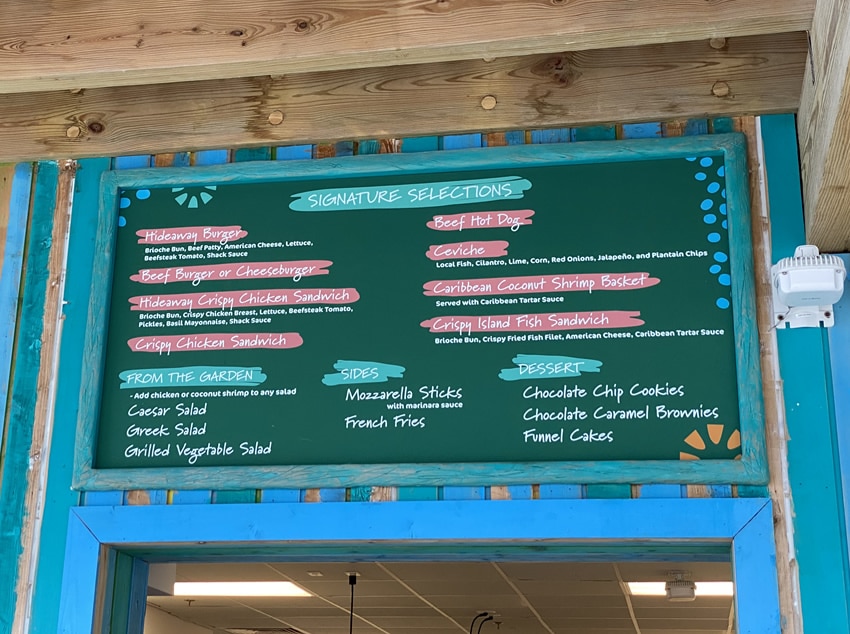 Menu of a restaurant at Hideaway Beach