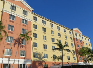 Hotel facade in sunlight