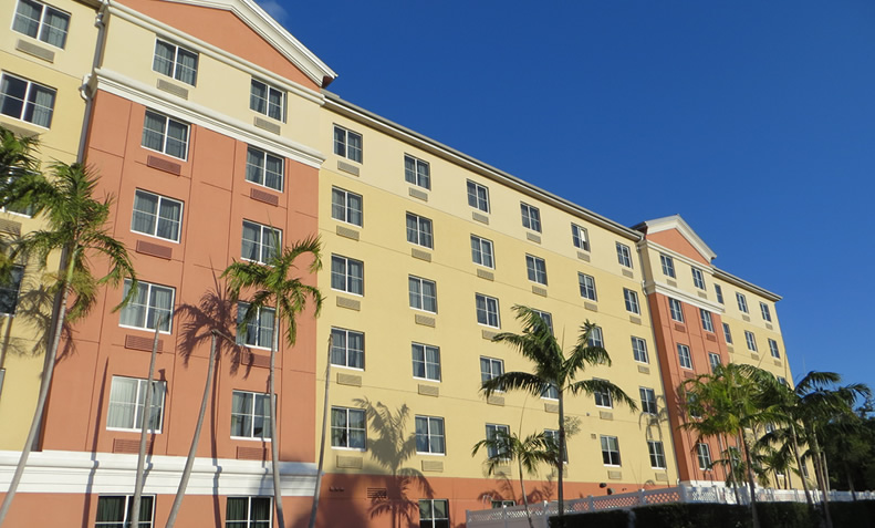 Hotel facade in sunlight