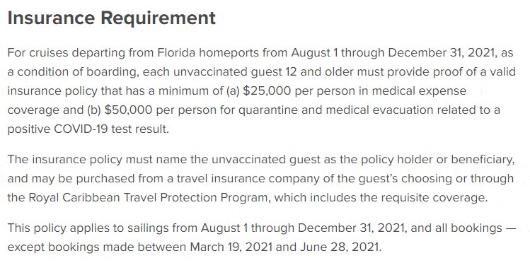 Insurance requirement for Royal Caribbean