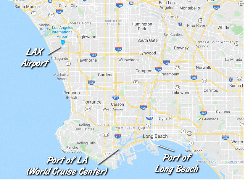 Map of Los Angeles cruise ports in relation to the airport