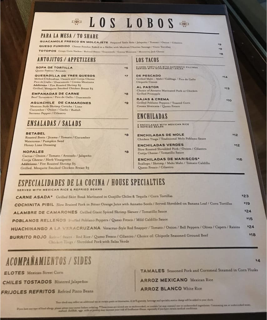 Los Lobos Full Menu with Prices (Norwegian Specialty Restaurant