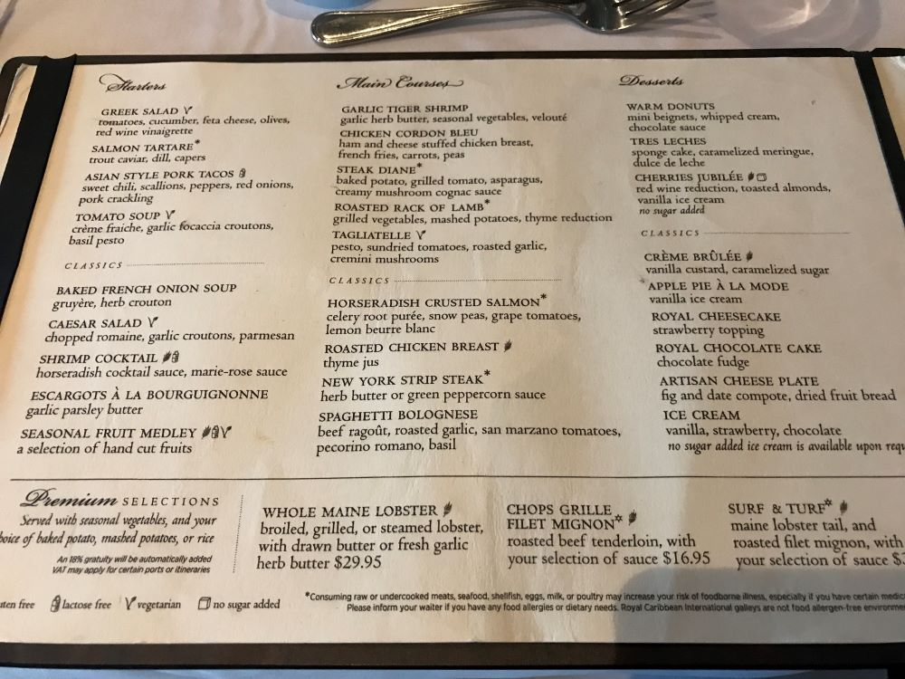 Main dining room menu
