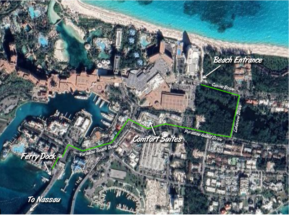Map of how to get to Cabbage Beach entrance on Paradise Island