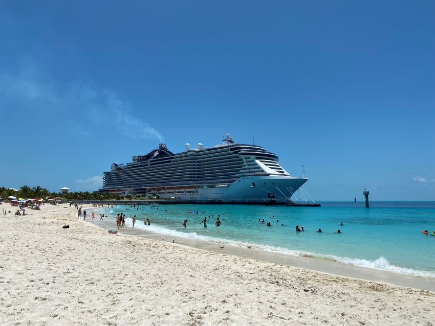 MSC ship docked at the beach at Ocean Cay