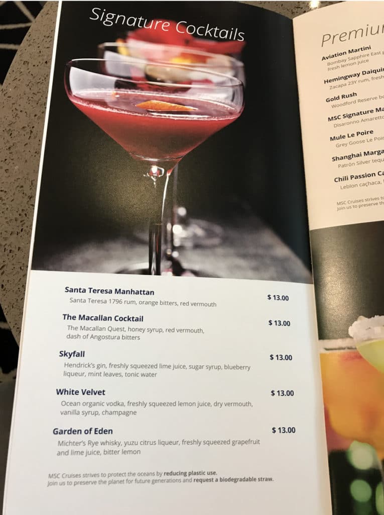 msc yacht club drink menu