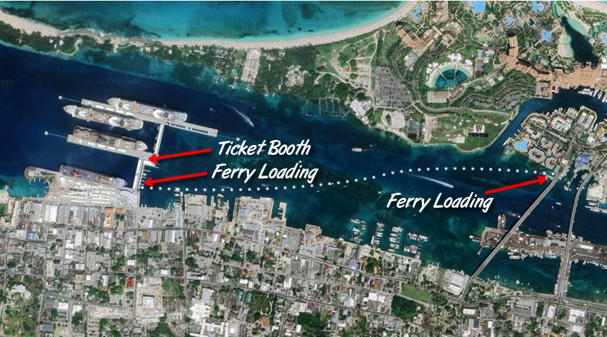 Map showing route of Paradise Island and Nassau ferry