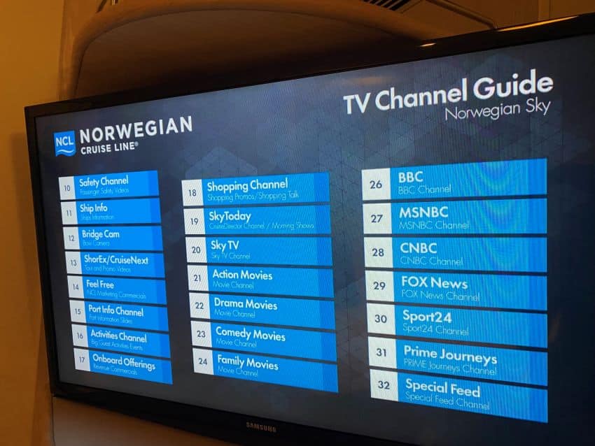 TV channel listing for a Norwegian cruise.