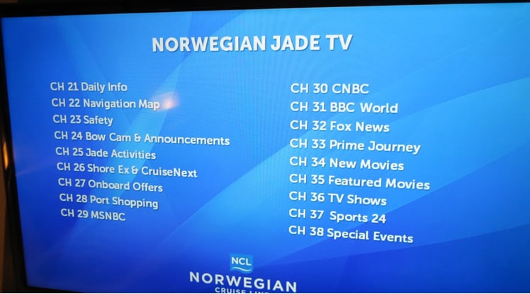 Television channel listing on a Norwegian cruise ship