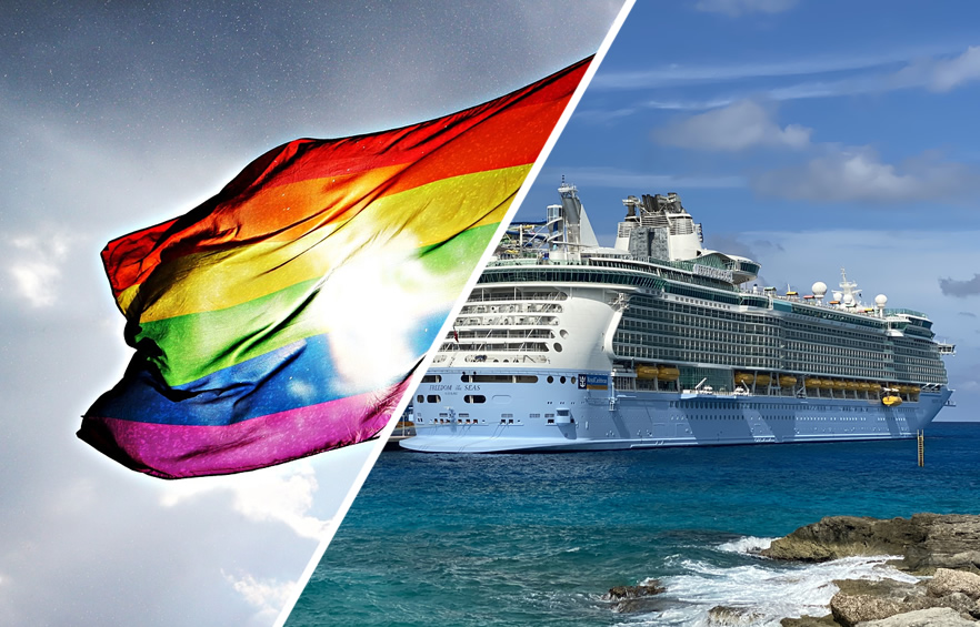 Pride flag next to a cruise ship