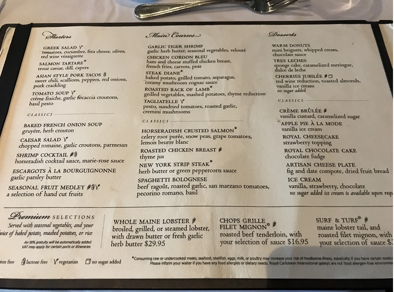 Main dining room menu on Royal Caribbean
