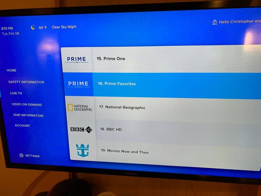 Listings for Royal Caribbean cabin TV channels.