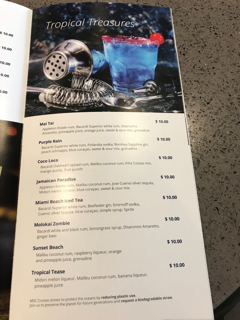 msc cruises drinks price list