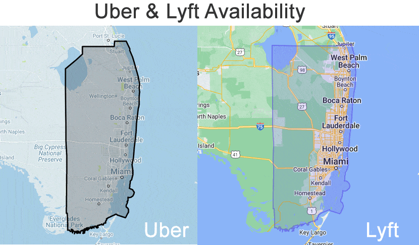 Map of availability of Uber and Lyft in Miami area.